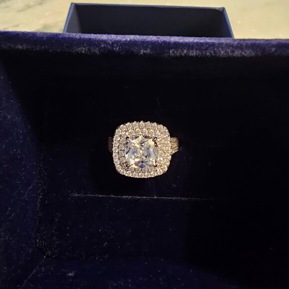 Stunning Double Halo Three Shank Cushion Cut Sterling Silver Engagement Ring × 1 - Picture 4 of 6